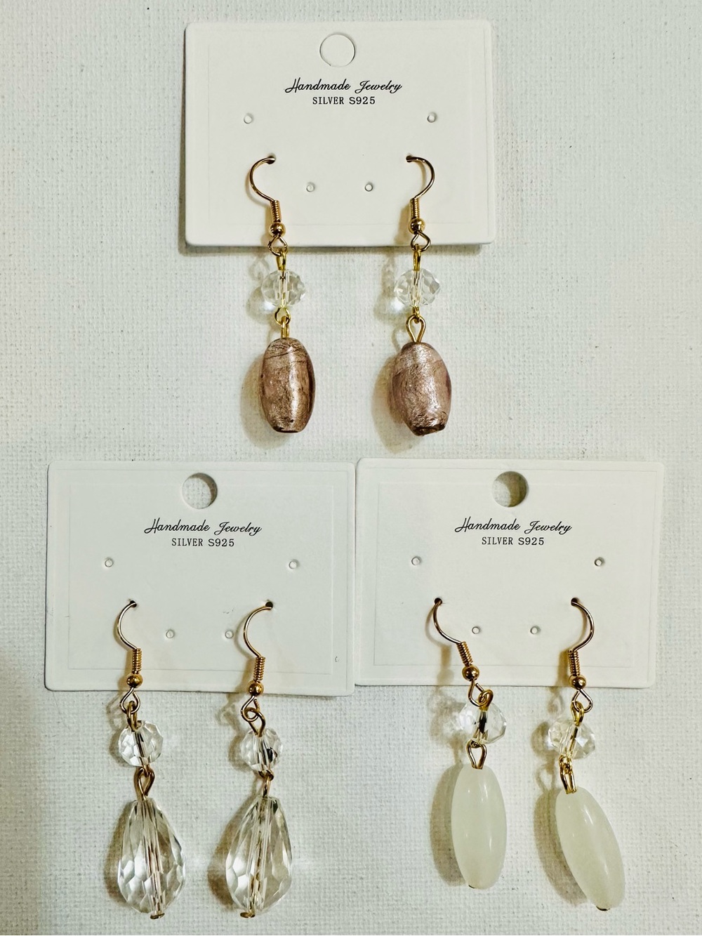 3 Pair Elegant Neutral Crystal Drop Earring Bundle Gold Tone